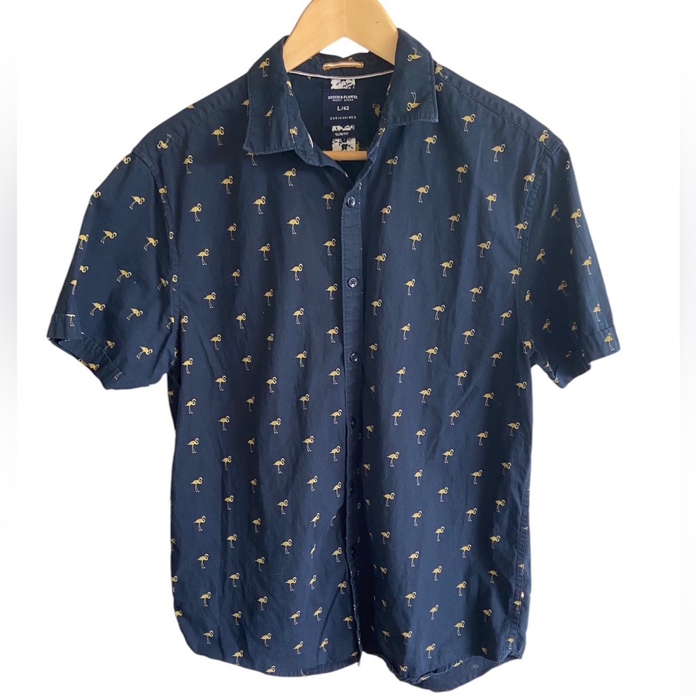 Denim & Flower Navy Short-Sleeve Button-Down with Yellow Palm Print